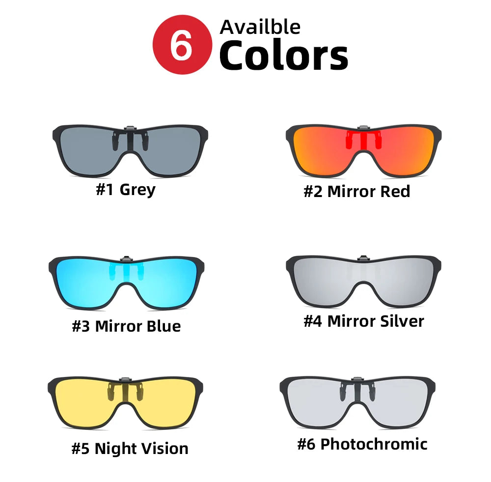 2026 Trending Clip-On Sunglasses Large Frame Men's Polarized Flip-Up Sunglasses Driving Adaptive Mirror Blue Red Polarizing Lens