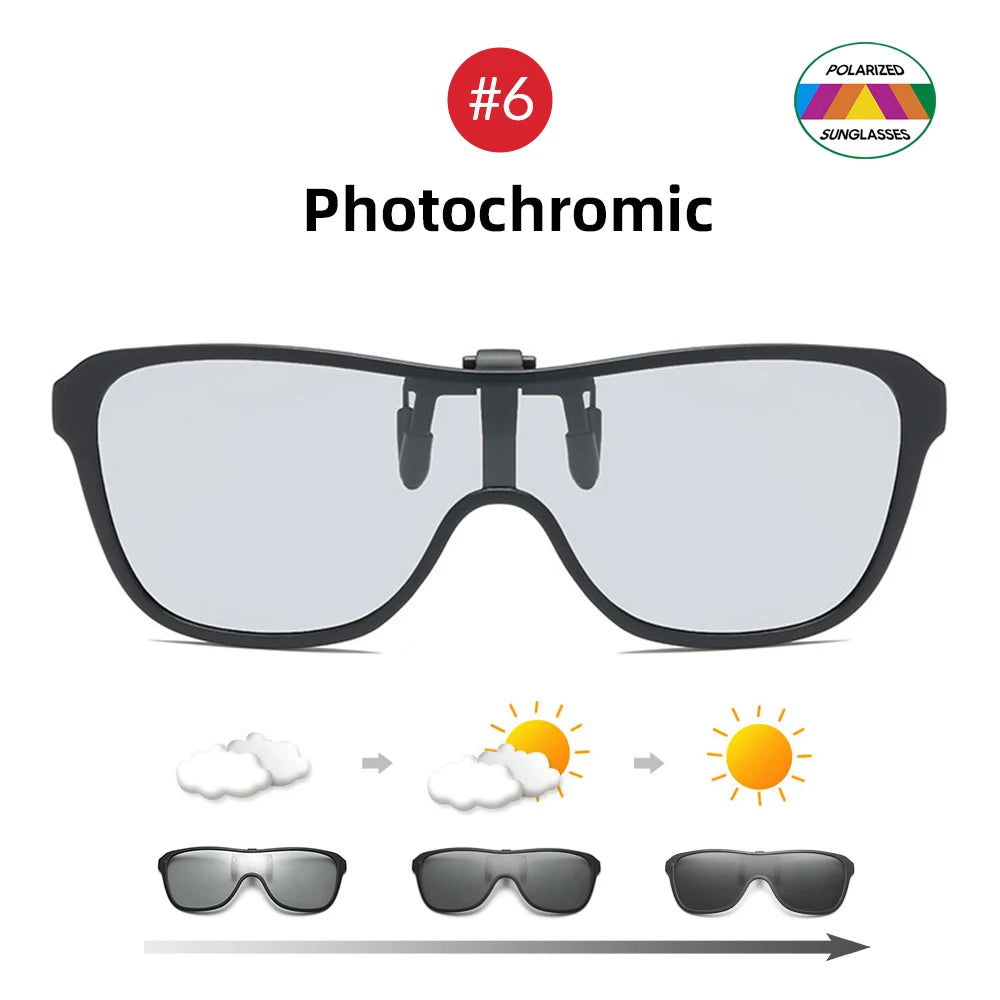 2026 Trending Clip-On Sunglasses Large Frame Men's Polarized Flip-Up Sunglasses Driving Adaptive Mirror Blue Red Polarizing Lens