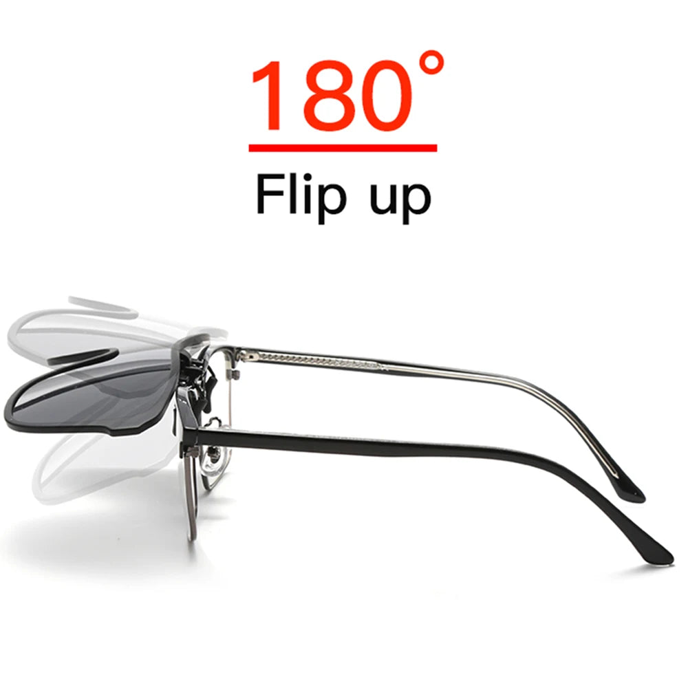 2026 Trending Clip-On Sunglasses Large Frame Men's Polarized Flip-Up Sunglasses Driving Adaptive Mirror Blue Red Polarizing Lens