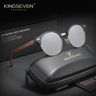 KINGSEVEN WalnutRound Polarized UV400 Mirror Sunglasses